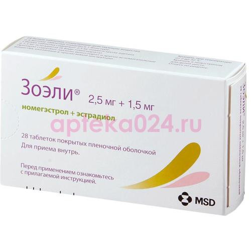 Зоэли таблетки покрытые пленочной оболочкой 2.5мг + 1.5мг №28 в наборе: таблетки 2-х видов - белые (номегэстрол 2.5 мг + эстрадиол 1.5 мг)-24 шт., желтые (плацебо)-4 шт.
