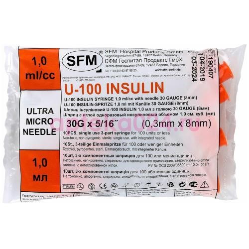 Сфм шприц инсулиновый u-100 1мл №10 3-х комп. интег. игла 30g 0,3 х8мм